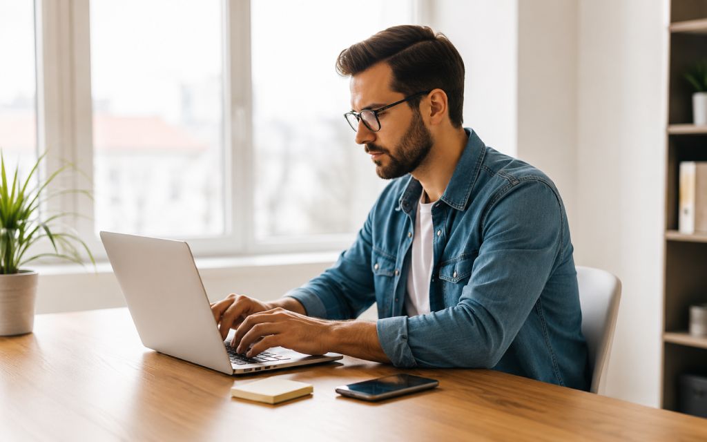 Laptop pe un birou, pregătit pentru o cerere online